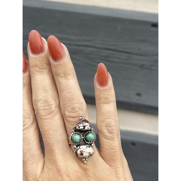 STERLING Silver NATIVE Style SW Wild Horse TURQUOISE Cluster Ring Adj 925 - Picture 5 of 9